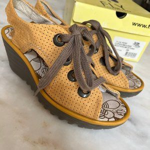 Fly London YFLA Mustard Perforated Lace up  Wedge. Size 8.5.